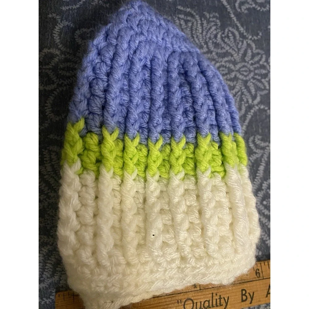 White Purple GREEN W/TRIM - HAND KNITTED OS SIZE STOCKING CAP‎ BEANIE HAT!